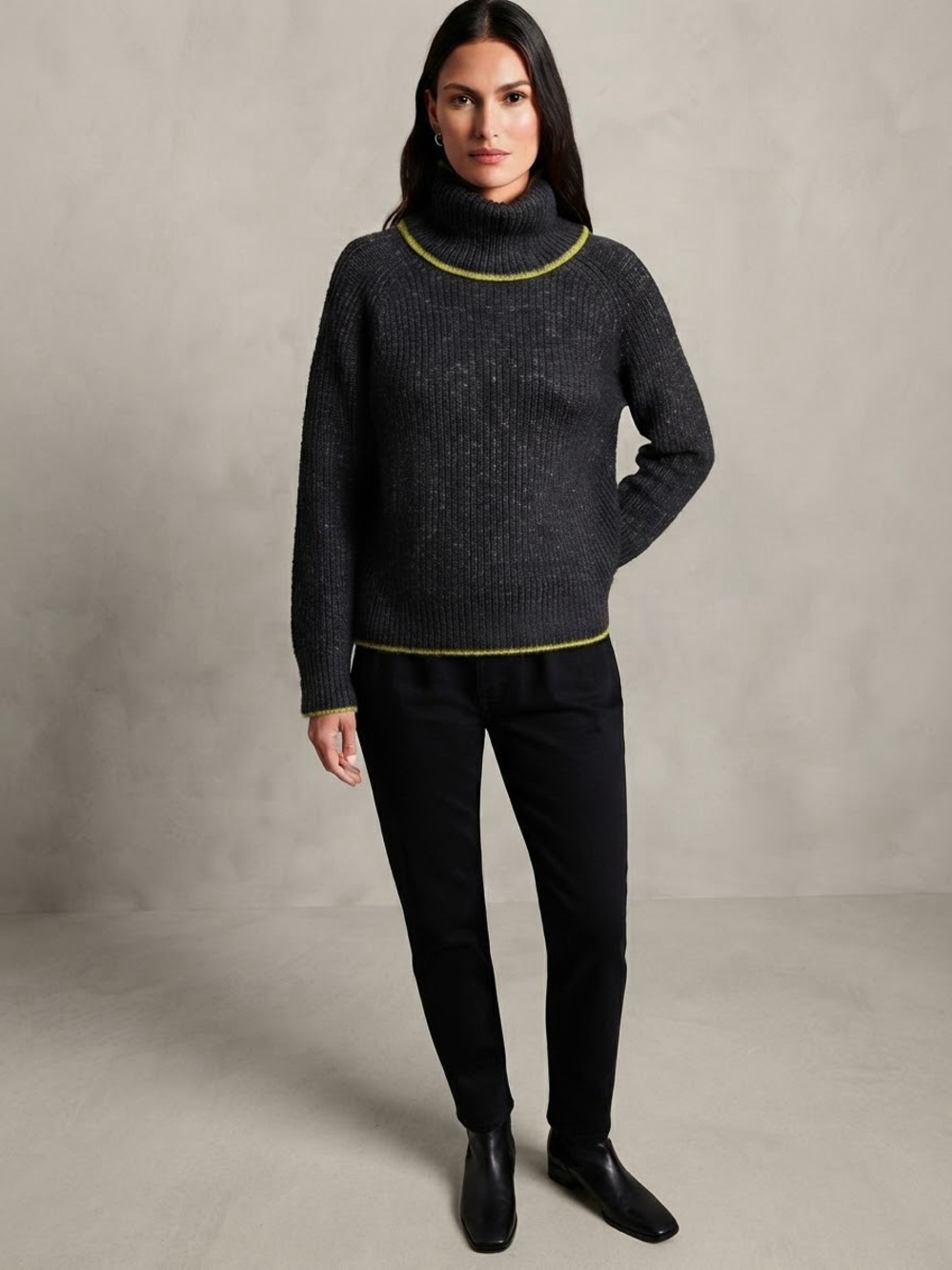 Bartolini Italy Wool Cashmere Cowl Neck Sweater Charcoal Gray Lime Trim Size S